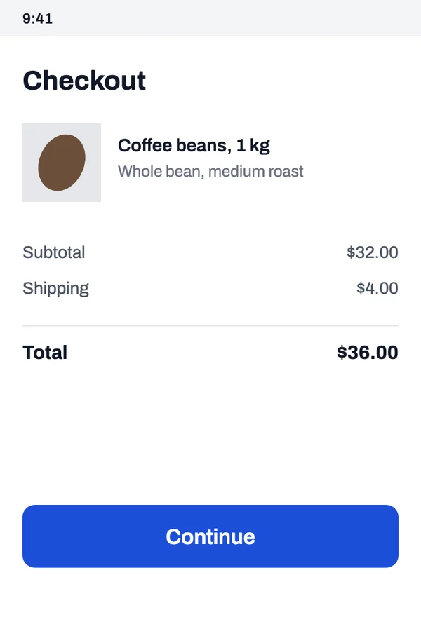 Checkout screen from a shopping app, After
